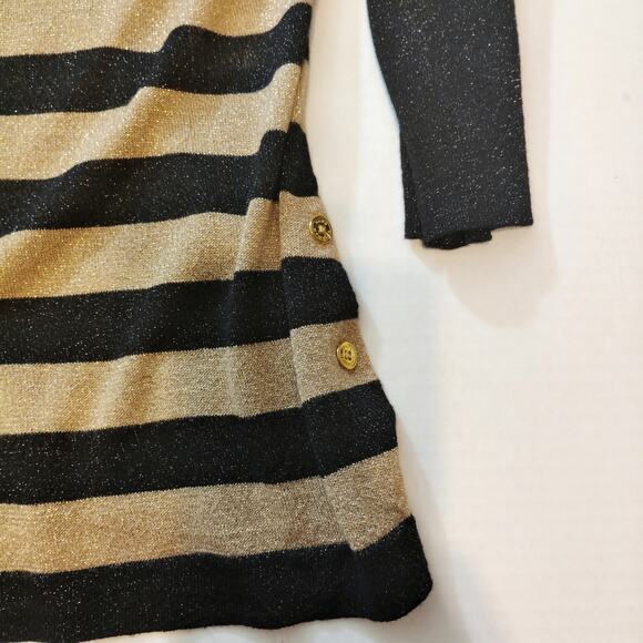 Dana Buckman Black Gold XL Metallic Knit Sweater Stripped With Side Buttons - Picture 4 of 7